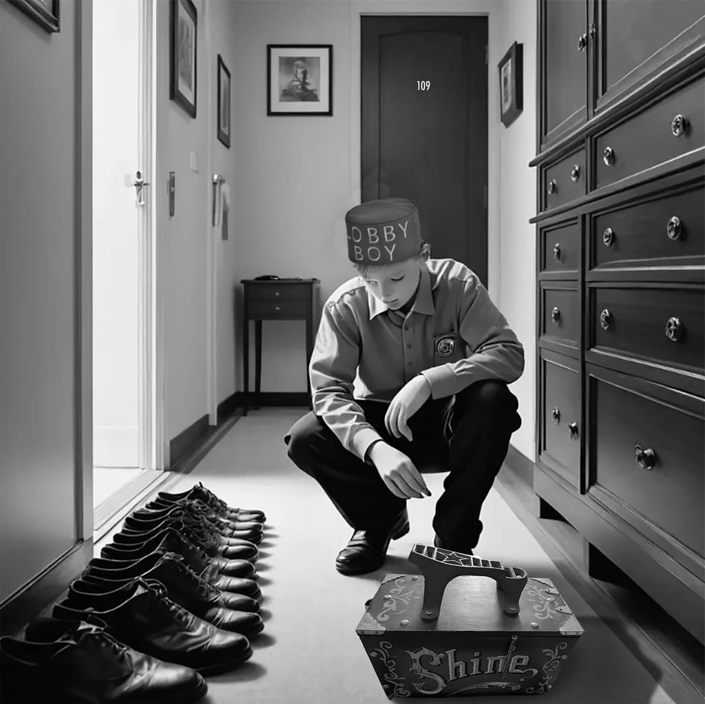 A black-and-white photo of a hotel lobby boy crouched beside a shoeshine box in a corridor, a row of polished men's shoes lined up along the wall.