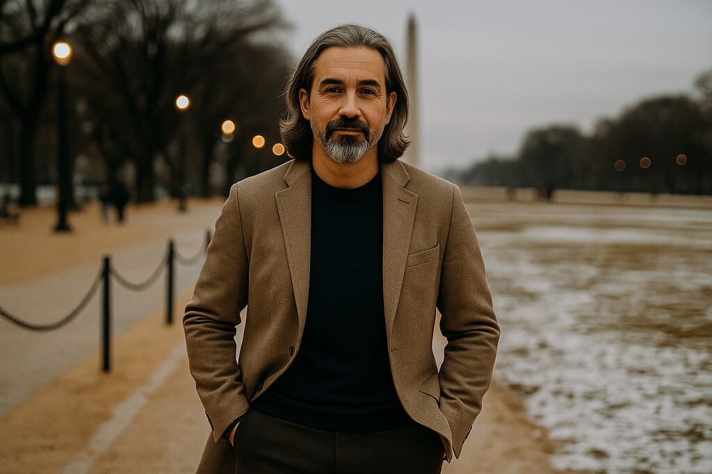 A man in a camel wool jacket over a black sweater standing on a snowy path at dusk, lamps glowing behind him.