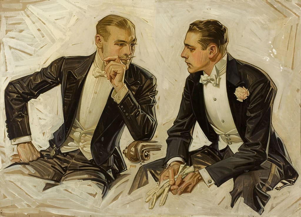 A vintage illustration of two men in white tie, starched wing collars and tailcoats, seated in conversation.